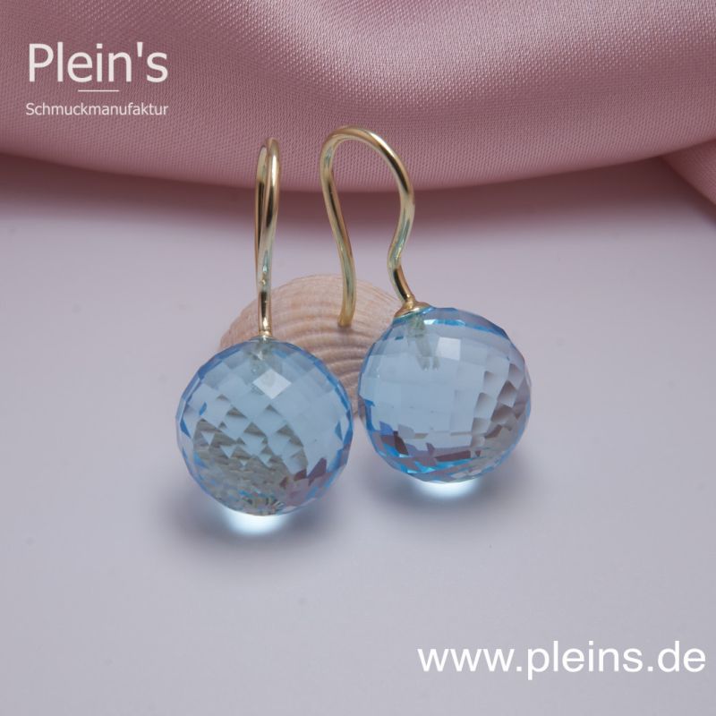 Preview: Unikat Blautopas Ohrringe große Kugel Gold